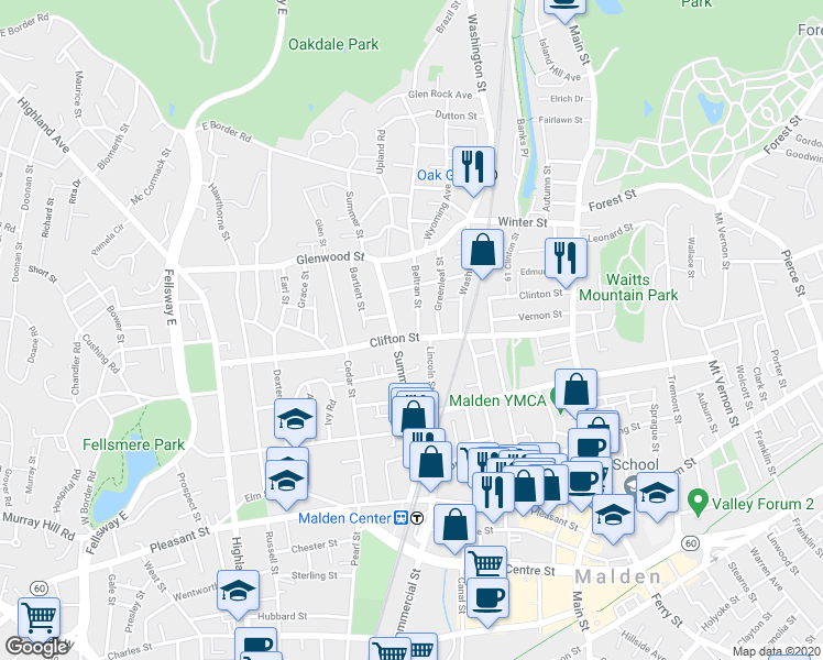 map of restaurants, bars, coffee shops, grocery stores, and more near 161 Clifton Street in Malden