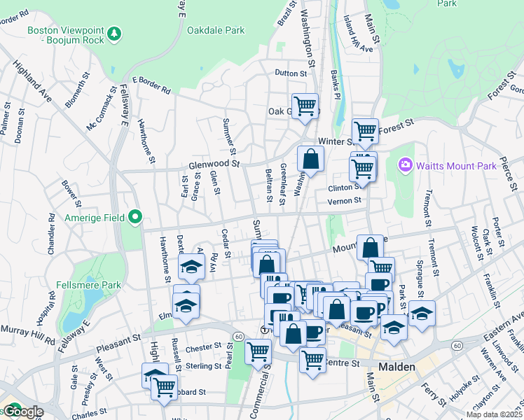 map of restaurants, bars, coffee shops, grocery stores, and more near 161 Clifton Street in Malden