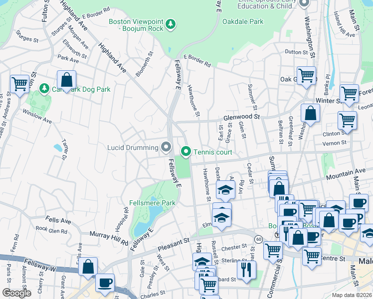map of restaurants, bars, coffee shops, grocery stores, and more near in Malden
