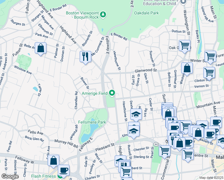 map of restaurants, bars, coffee shops, grocery stores, and more near in Malden