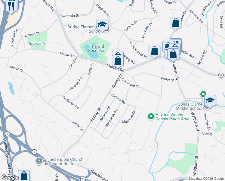 map of restaurants, bars, coffee shops, grocery stores, and more near 34 Spring Street in Lexington