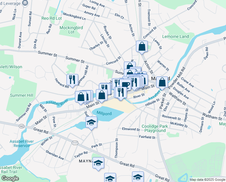 map of restaurants, bars, coffee shops, grocery stores, and more near 24 Railroad Street in Maynard