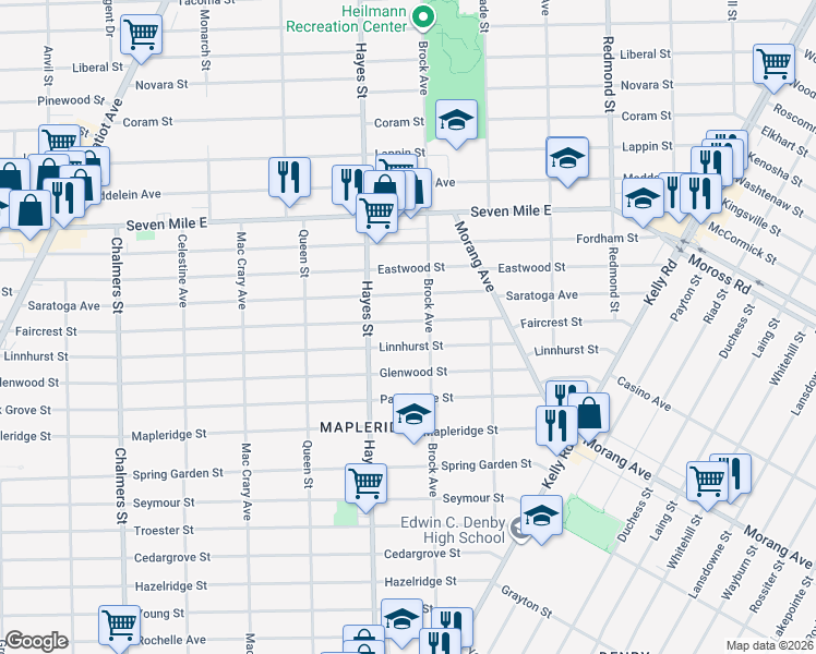 map of restaurants, bars, coffee shops, grocery stores, and more near 15286 Faircrest Street in Detroit