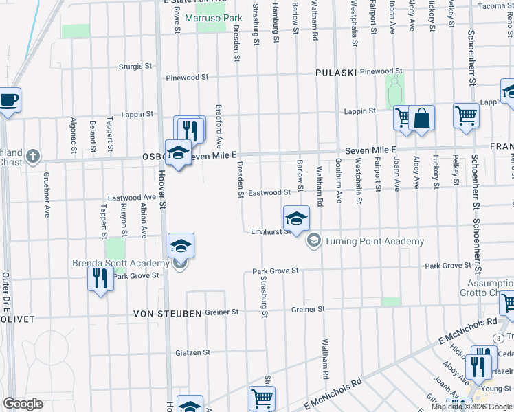 map of restaurants, bars, coffee shops, grocery stores, and more near 18666 Strasburg Street in Detroit