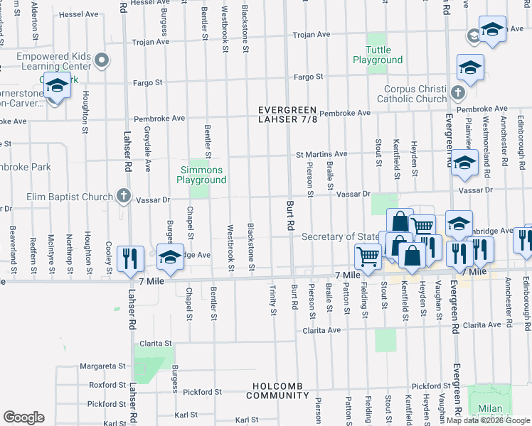 map of restaurants, bars, coffee shops, grocery stores, and more near 19341 Trinity Street in Detroit