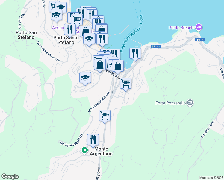 map of restaurants, bars, coffee shops, grocery stores, and more near 38 Via Spaccabellezze in Porto Santo Stefano
