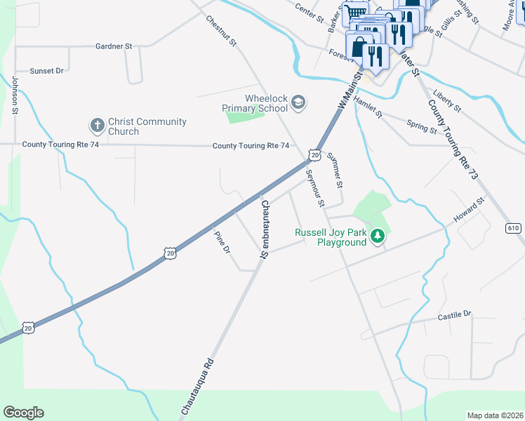 map of restaurants, bars, coffee shops, grocery stores, and more near 15 Chautauqua Street in Fredonia