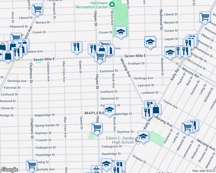 map of restaurants, bars, coffee shops, grocery stores, and more near 15286 Faircrest Street in Detroit