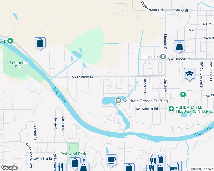 map of restaurants, bars, coffee shops, grocery stores, and more near 340 Winston Drive in Grants Pass