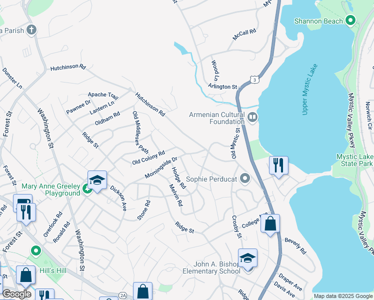 map of restaurants, bars, coffee shops, grocery stores, and more near 74 Windmill Lane in Arlington