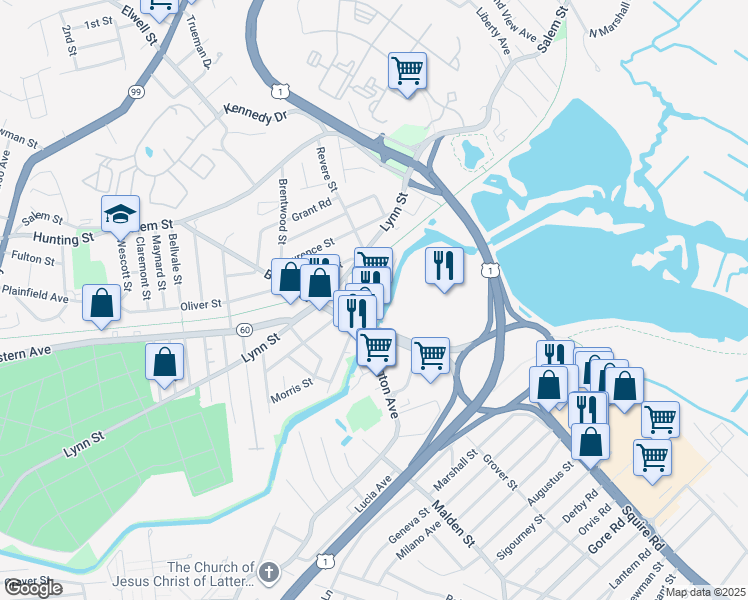 map of restaurants, bars, coffee shops, grocery stores, and more near 649 Squire Road in Revere