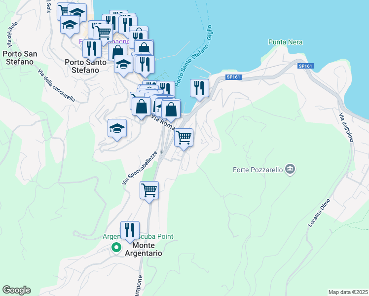map of restaurants, bars, coffee shops, grocery stores, and more near 23D Strada dell Argentiera in Porto Santo Stefano