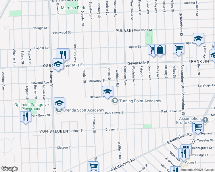 map of restaurants, bars, coffee shops, grocery stores, and more near 18666 Hamburg Street in Detroit