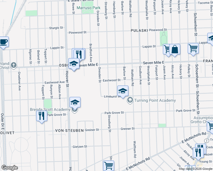 map of restaurants, bars, coffee shops, grocery stores, and more near 18666 Strasburg Street in Detroit