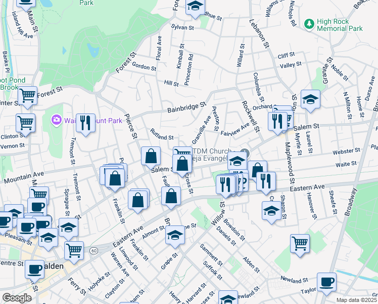map of restaurants, bars, coffee shops, grocery stores, and more near in Malden
