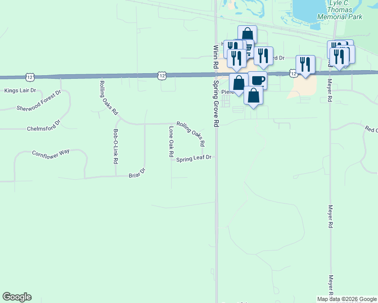 map of restaurants, bars, coffee shops, grocery stores, and more near 2702 Spring Leaf Drive in Spring Grove