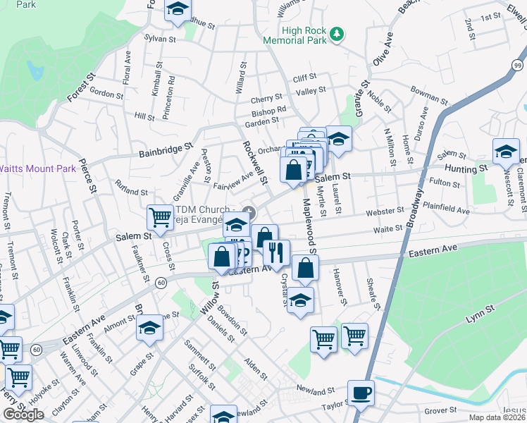 map of restaurants, bars, coffee shops, grocery stores, and more near 563 Salem Street in Malden