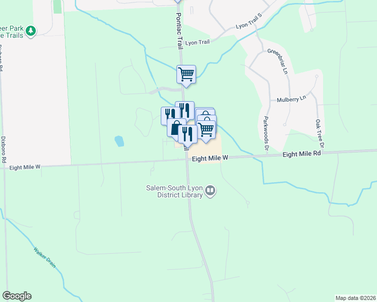 map of restaurants, bars, coffee shops, grocery stores, and more near 20728-20730 Pontiac Trail in South Lyon