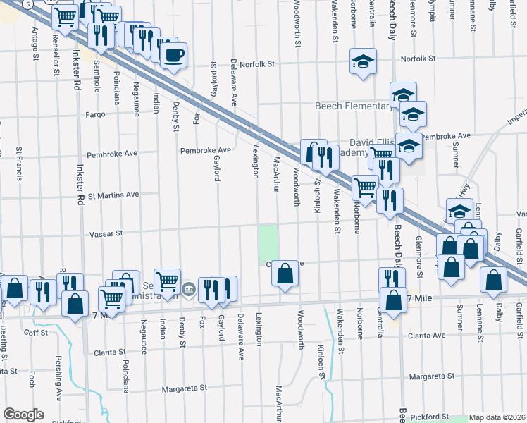 map of restaurants, bars, coffee shops, grocery stores, and more near 19408 Lexington Street in Redford Charter Township