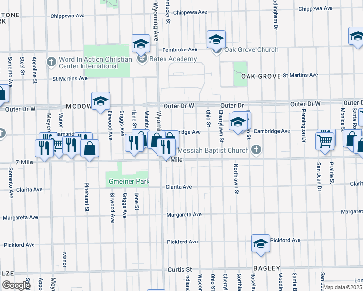 map of restaurants, bars, coffee shops, grocery stores, and more near 19161 Indiana Street in Detroit
