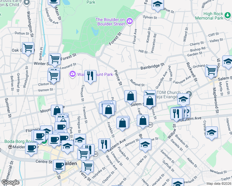 map of restaurants, bars, coffee shops, grocery stores, and more near 22 Kenilworth Street in Malden