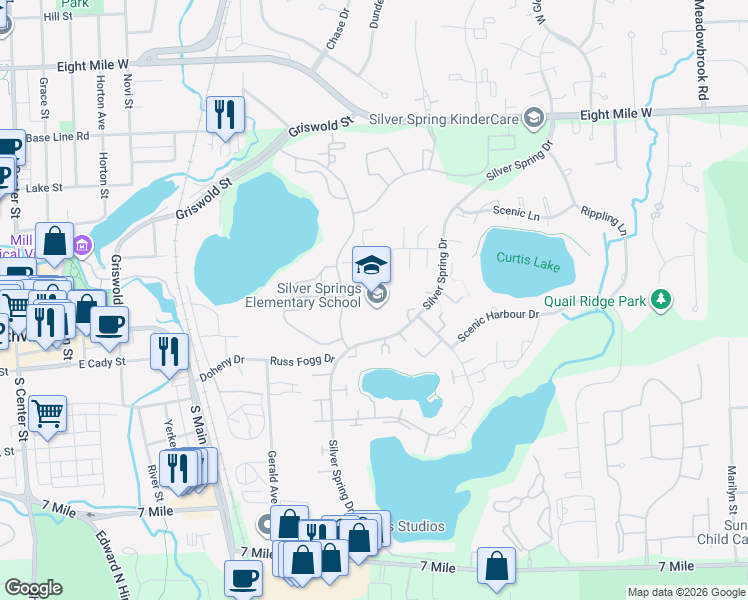 map of restaurants, bars, coffee shops, grocery stores, and more near 19801 Silver Spring Drive in Northville