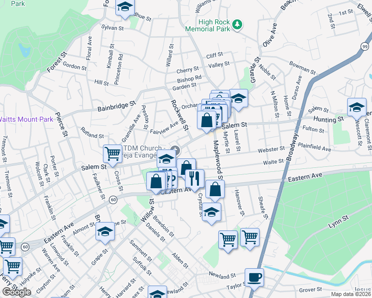 map of restaurants, bars, coffee shops, grocery stores, and more near 563 Salem Street in Malden