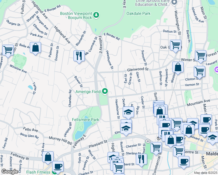 map of restaurants, bars, coffee shops, grocery stores, and more near in Malden