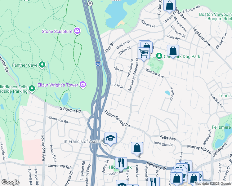 map of restaurants, bars, coffee shops, grocery stores, and more near 29 Gordon Road in Medford