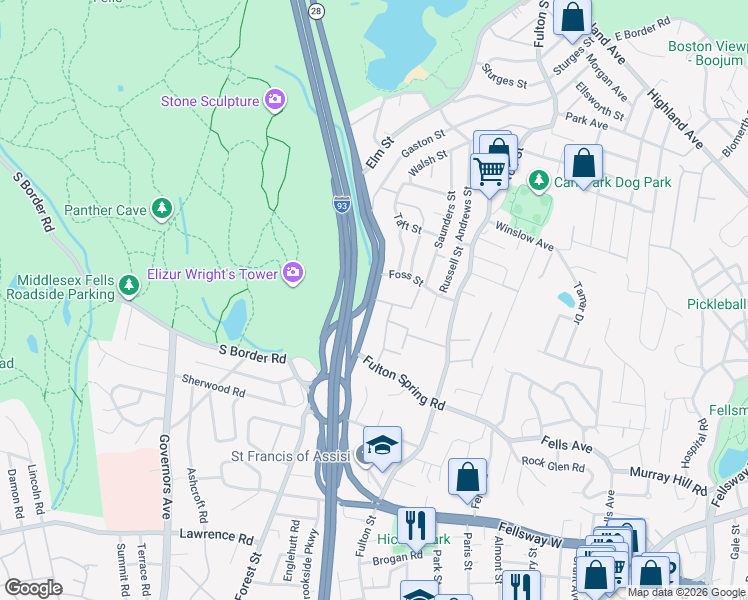 map of restaurants, bars, coffee shops, grocery stores, and more near 639 Fellsway West in Medford