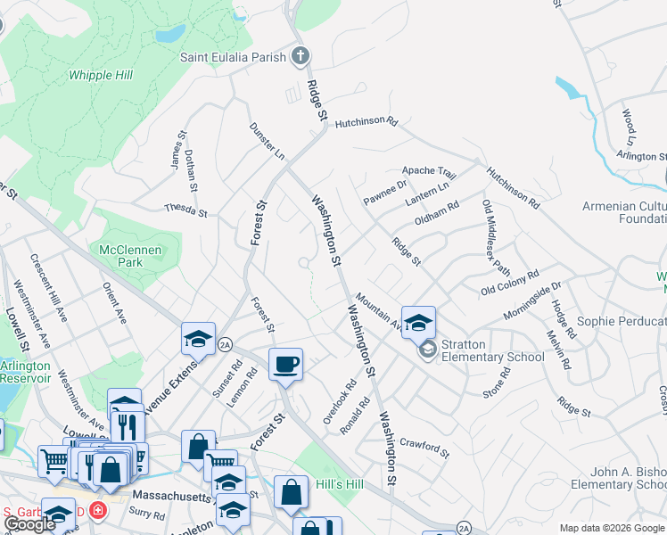 map of restaurants, bars, coffee shops, grocery stores, and more near 308 Washington Street in Arlington