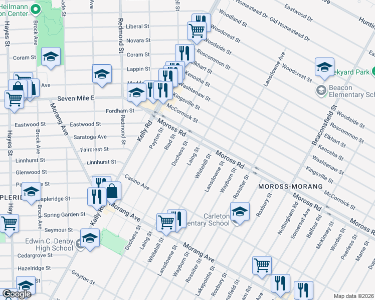 map of restaurants, bars, coffee shops, grocery stores, and more near 12621 Laing Street in Detroit