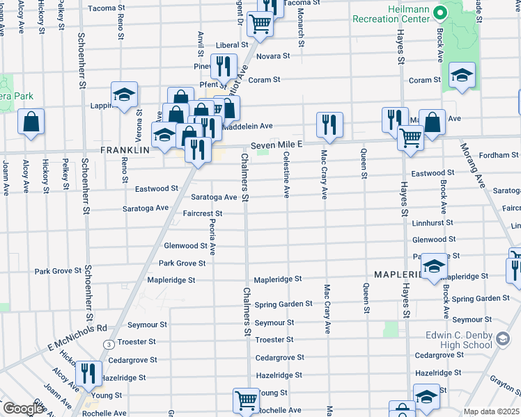map of restaurants, bars, coffee shops, grocery stores, and more near 14456 Faircrest Street in Detroit