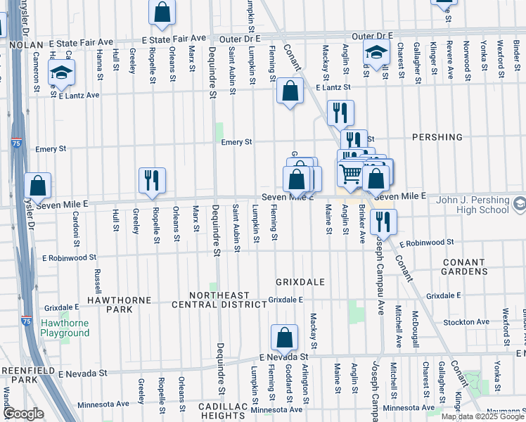 map of restaurants, bars, coffee shops, grocery stores, and more near 18907 Lumpkin Street in Detroit
