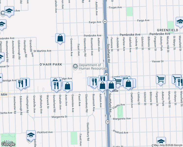 map of restaurants, bars, coffee shops, grocery stores, and more near 19306 Rosemont Avenue in Detroit