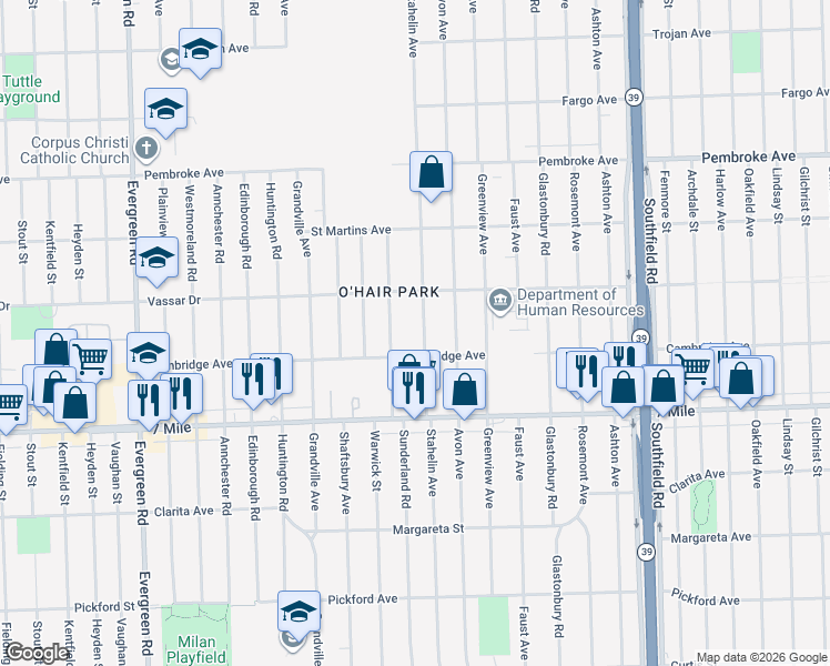map of restaurants, bars, coffee shops, grocery stores, and more near 19314 Stahelin Avenue in Detroit