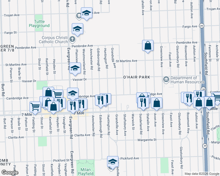 map of restaurants, bars, coffee shops, grocery stores, and more near 19319 Huntington Road in Detroit