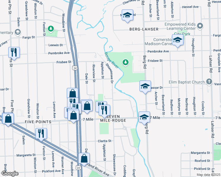 map of restaurants, bars, coffee shops, grocery stores, and more near 19300 Shiawassee Drive in Detroit