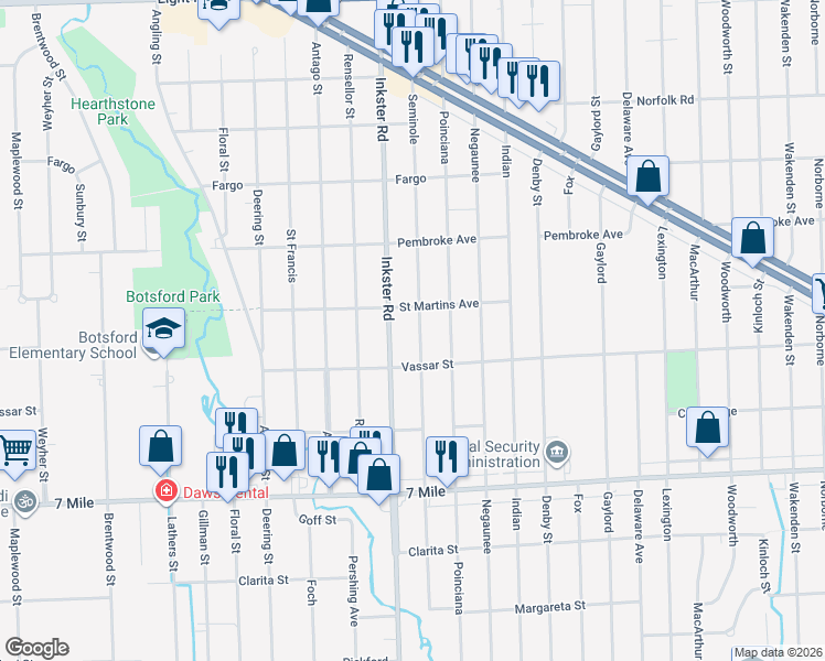 map of restaurants, bars, coffee shops, grocery stores, and more near 19444 Inkster Road in Redford Charter Township