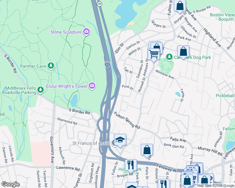 map of restaurants, bars, coffee shops, grocery stores, and more near 639 Fellsway West in Medford