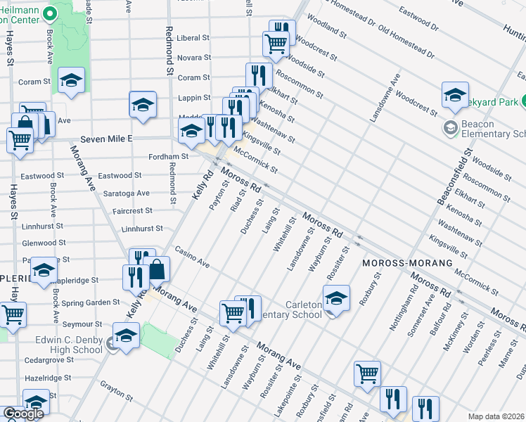 map of restaurants, bars, coffee shops, grocery stores, and more near 12621 Laing Street in Detroit