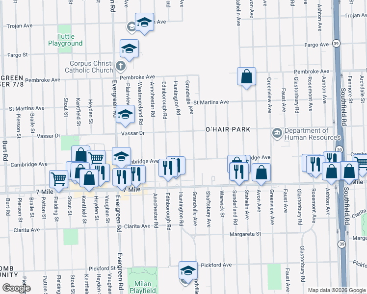 map of restaurants, bars, coffee shops, grocery stores, and more near 19319 Huntington Road in Detroit