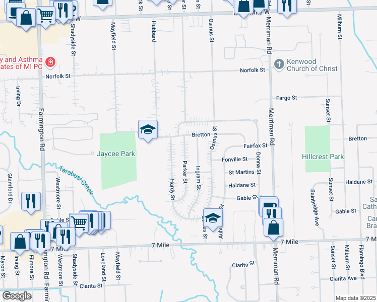 map of restaurants, bars, coffee shops, grocery stores, and more near 19680 Parker Street in Livonia
