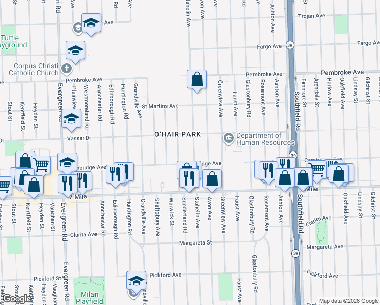 map of restaurants, bars, coffee shops, grocery stores, and more near 19314 Stahelin Avenue in Detroit