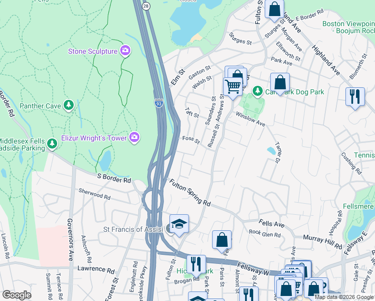 map of restaurants, bars, coffee shops, grocery stores, and more near 29 Gordon Road in Medford