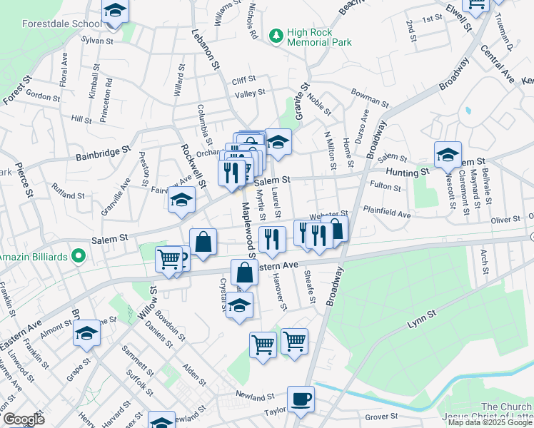 map of restaurants, bars, coffee shops, grocery stores, and more near 112 Webster Street in Malden