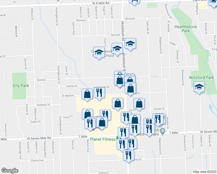 map of restaurants, bars, coffee shops, grocery stores, and more near 29595 Nottingham Circle in Livonia