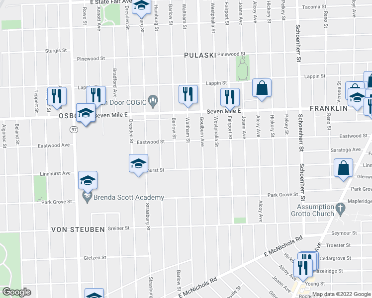 map of restaurants, bars, coffee shops, grocery stores, and more near 18689 Waltham Ave in Detroit