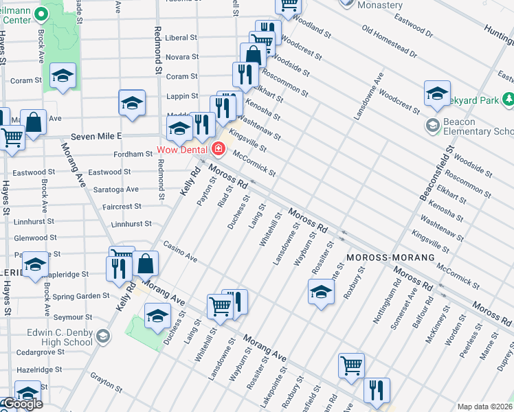 map of restaurants, bars, coffee shops, grocery stores, and more near 12621 Laing Street in Detroit