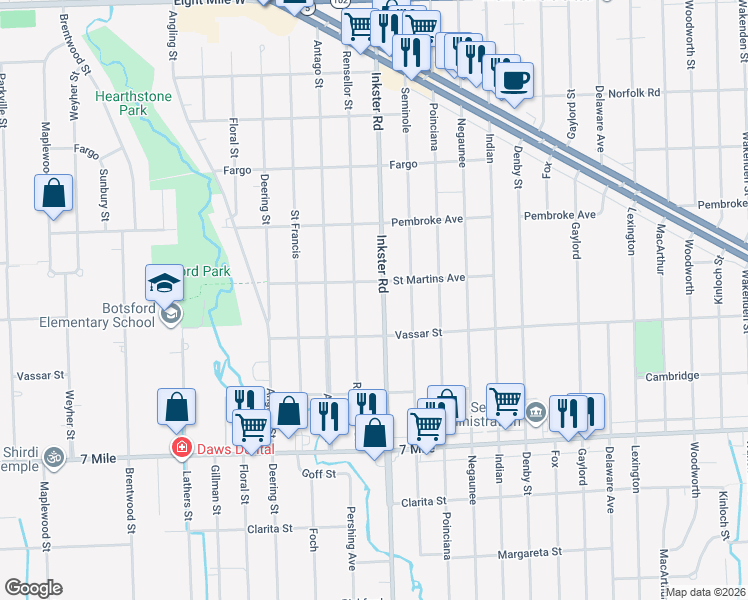 map of restaurants, bars, coffee shops, grocery stores, and more near 19450 Rensellor Street in Livonia